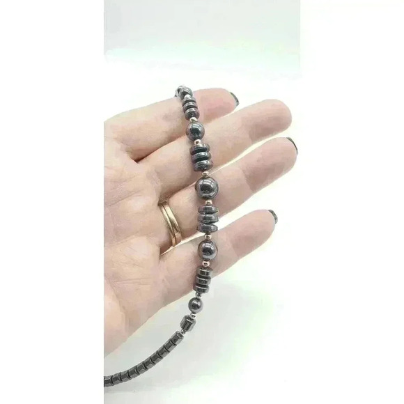 Vintage Necklace Hematite & Sterling Silver Beaded MCM Modernist Brutalist - Picture 9 of 9